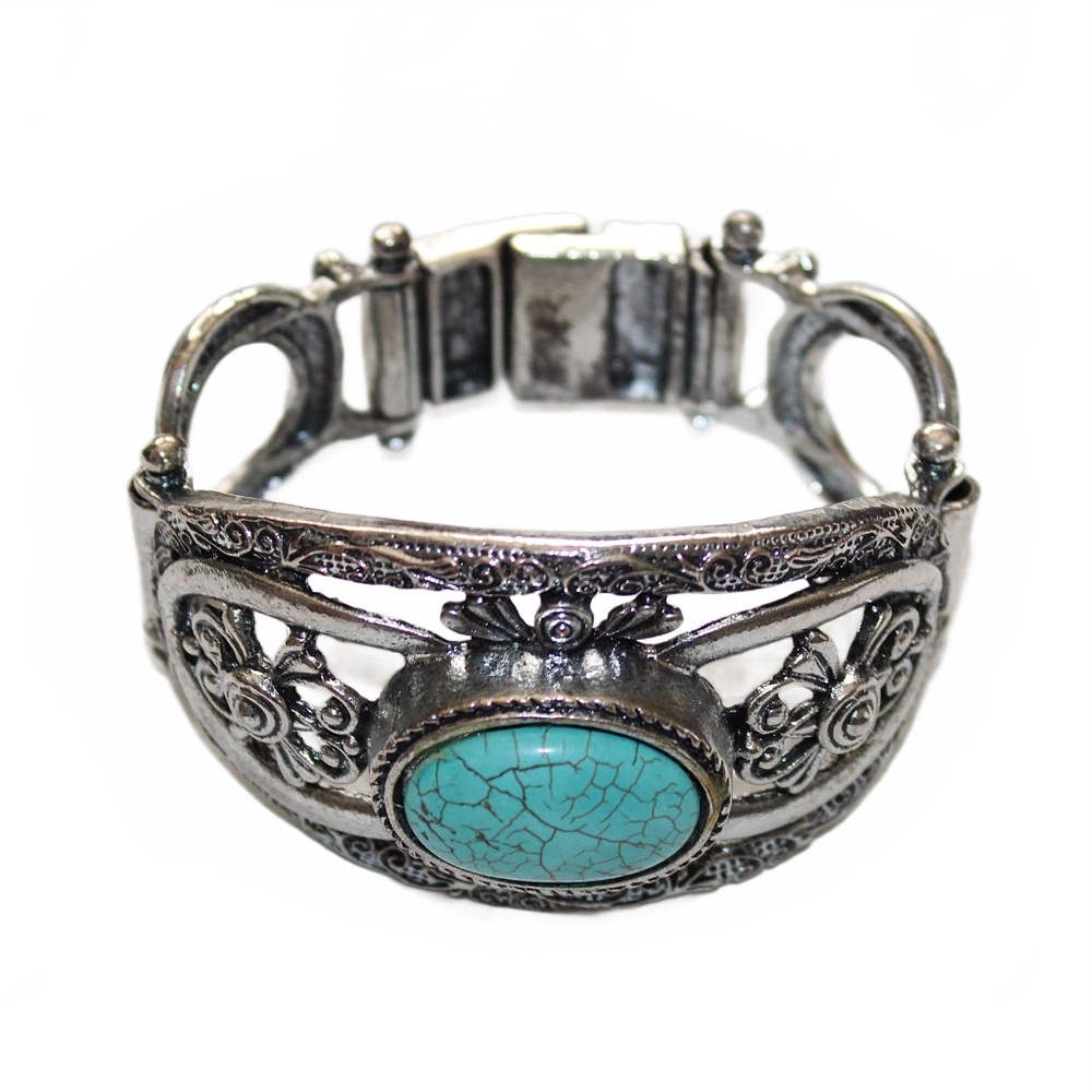 Bracelet, Southwest Style, Silvertone Simulated Turquoise - Picture 3 of 7